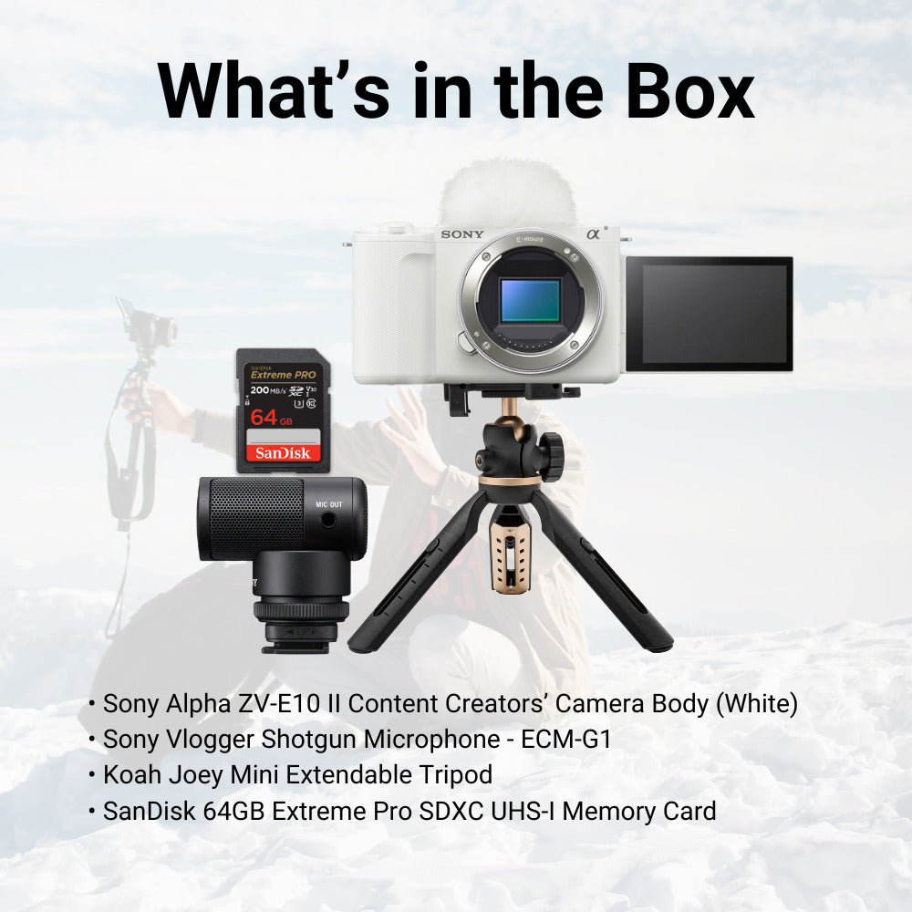 Sony Alpha ZV-E10 II Content Creators’ Camera Body  Only (White) with Extendable Tripod Bundle