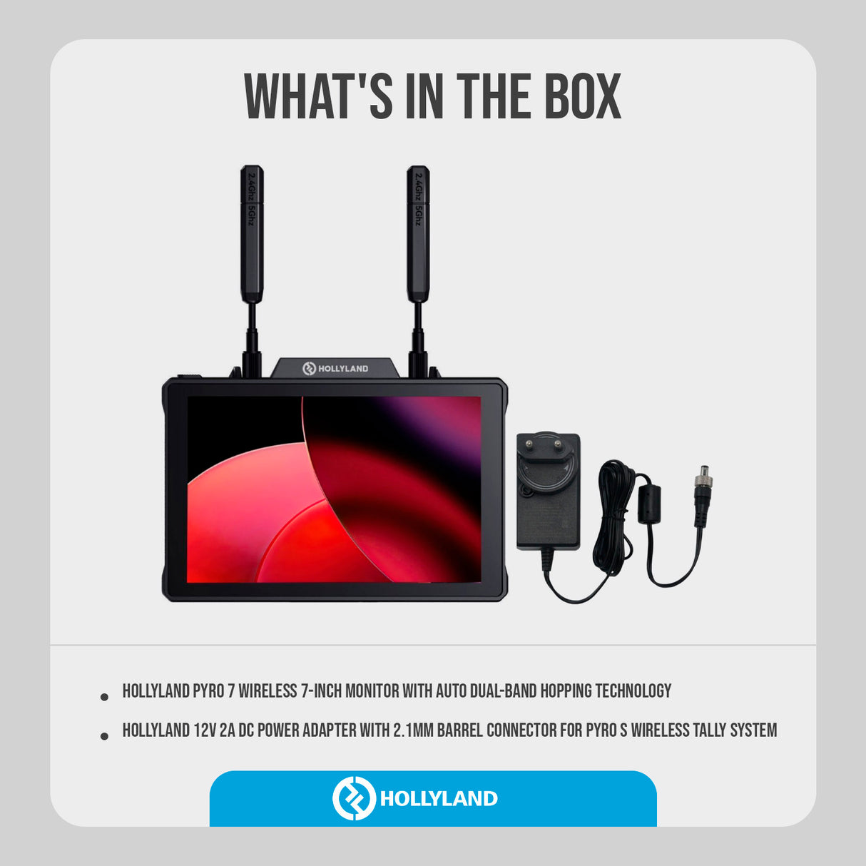 Hollyland Pyro 7 Wireless 7-Inch Monitor with Auto Dual-Band Hopping Tech with Power Adapter Bundle