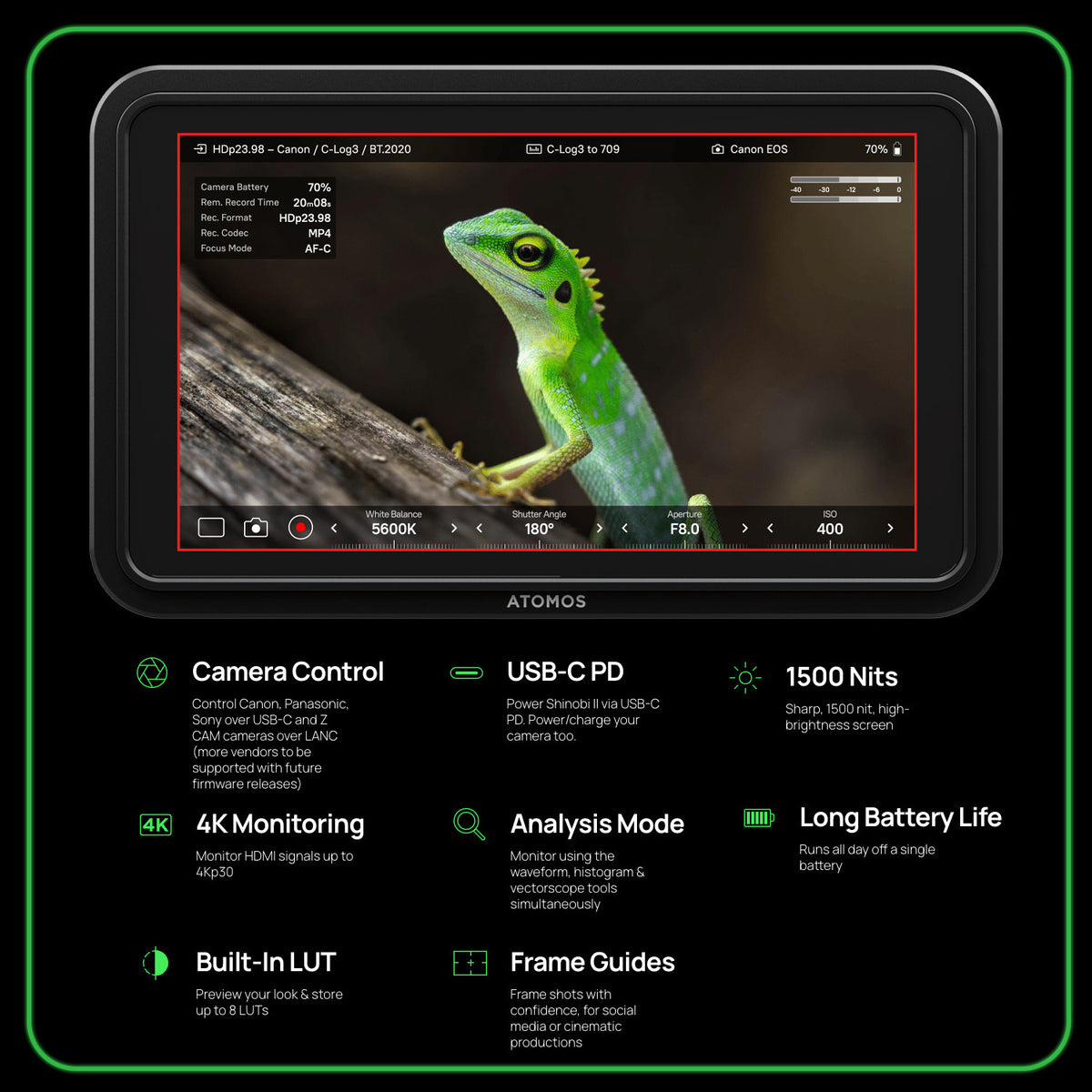 Atomos Shinobi II HDMI 4K Monitor with HDR Touchscreen and Lightweight Design (Black) Bundle