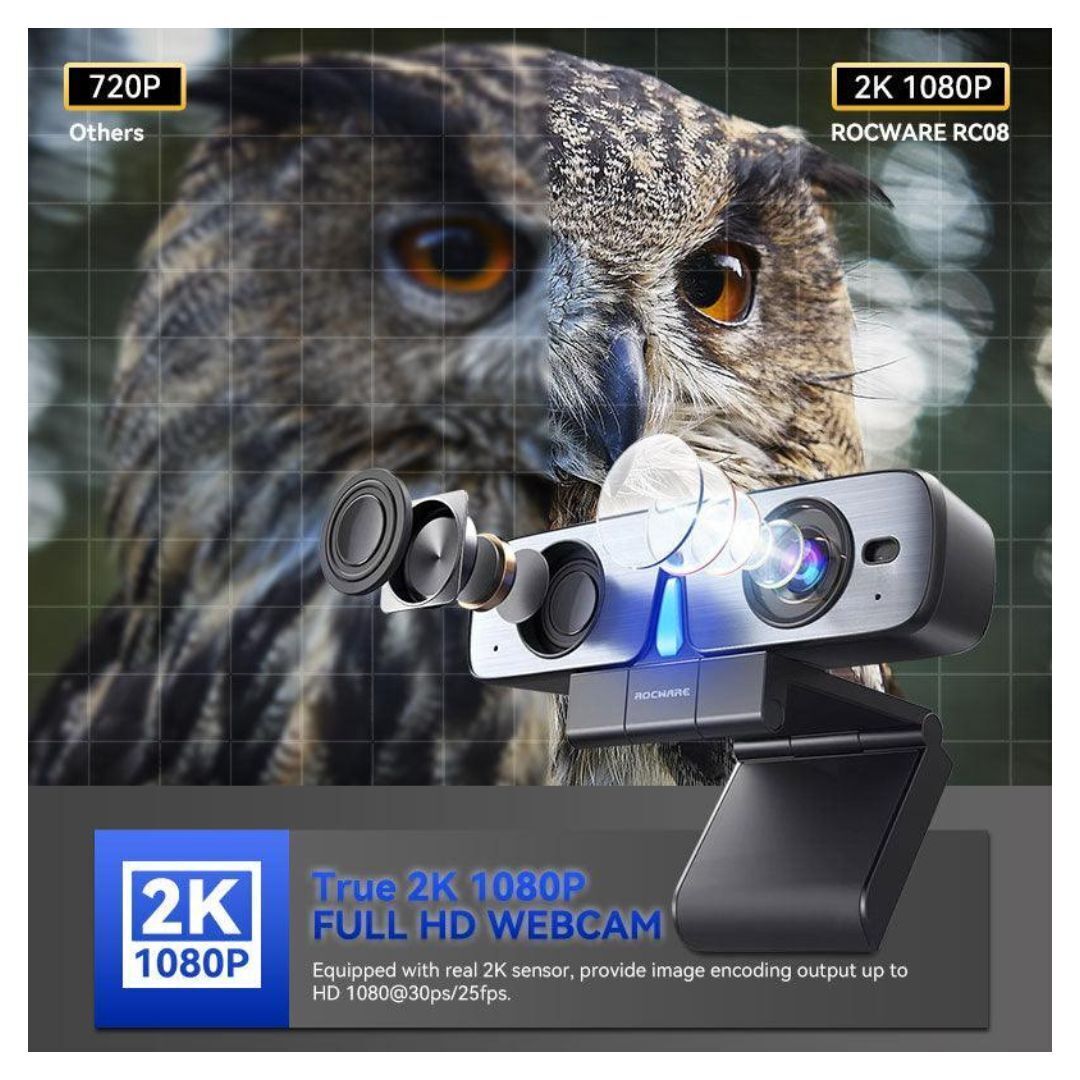 Rocware RC08 1080P HD All-In-One USB Webcam with Focus Microfiber Cleaning Cloth Bundle