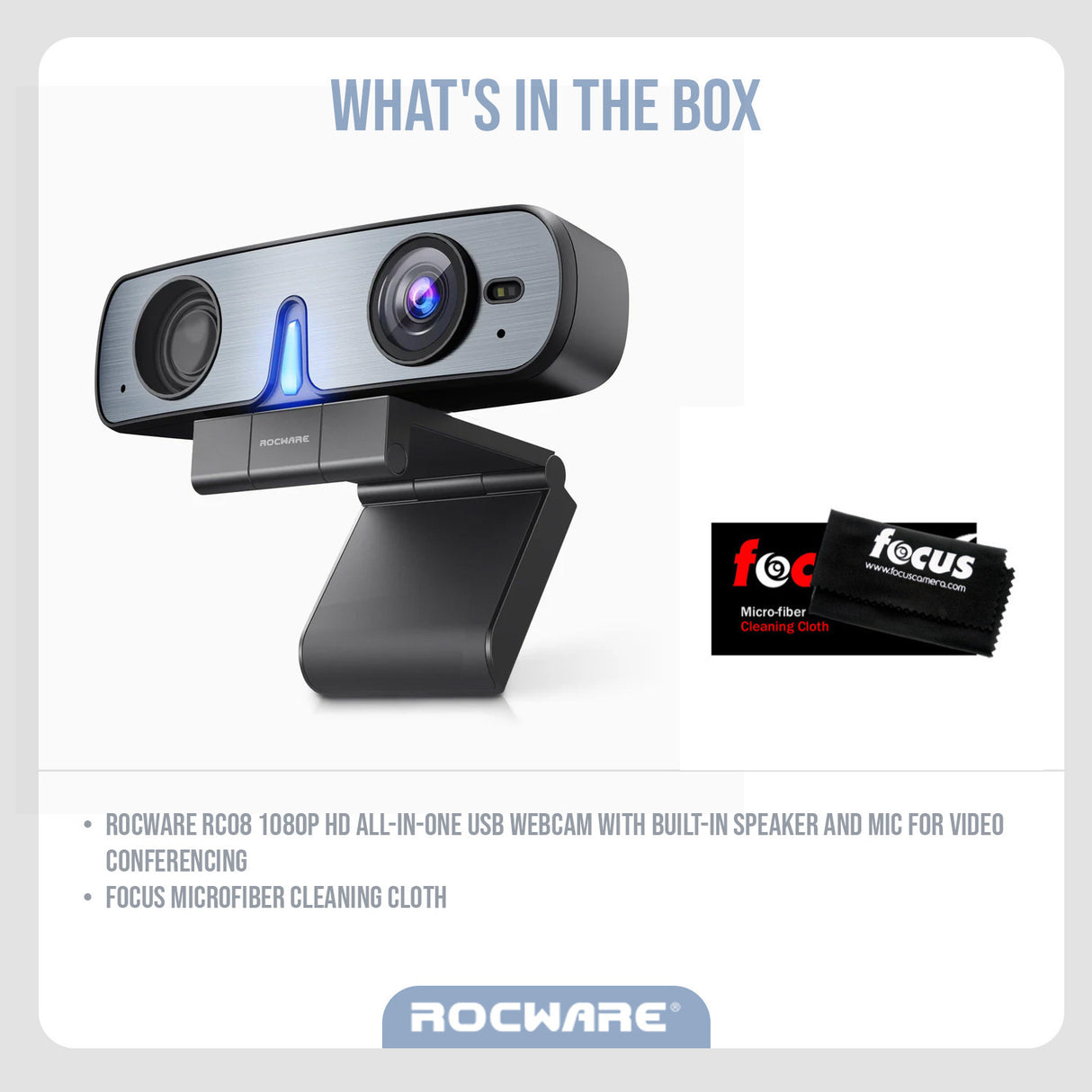 Rocware RC08 1080P HD All-In-One USB Webcam with Focus Microfiber Cleaning Cloth Bundle