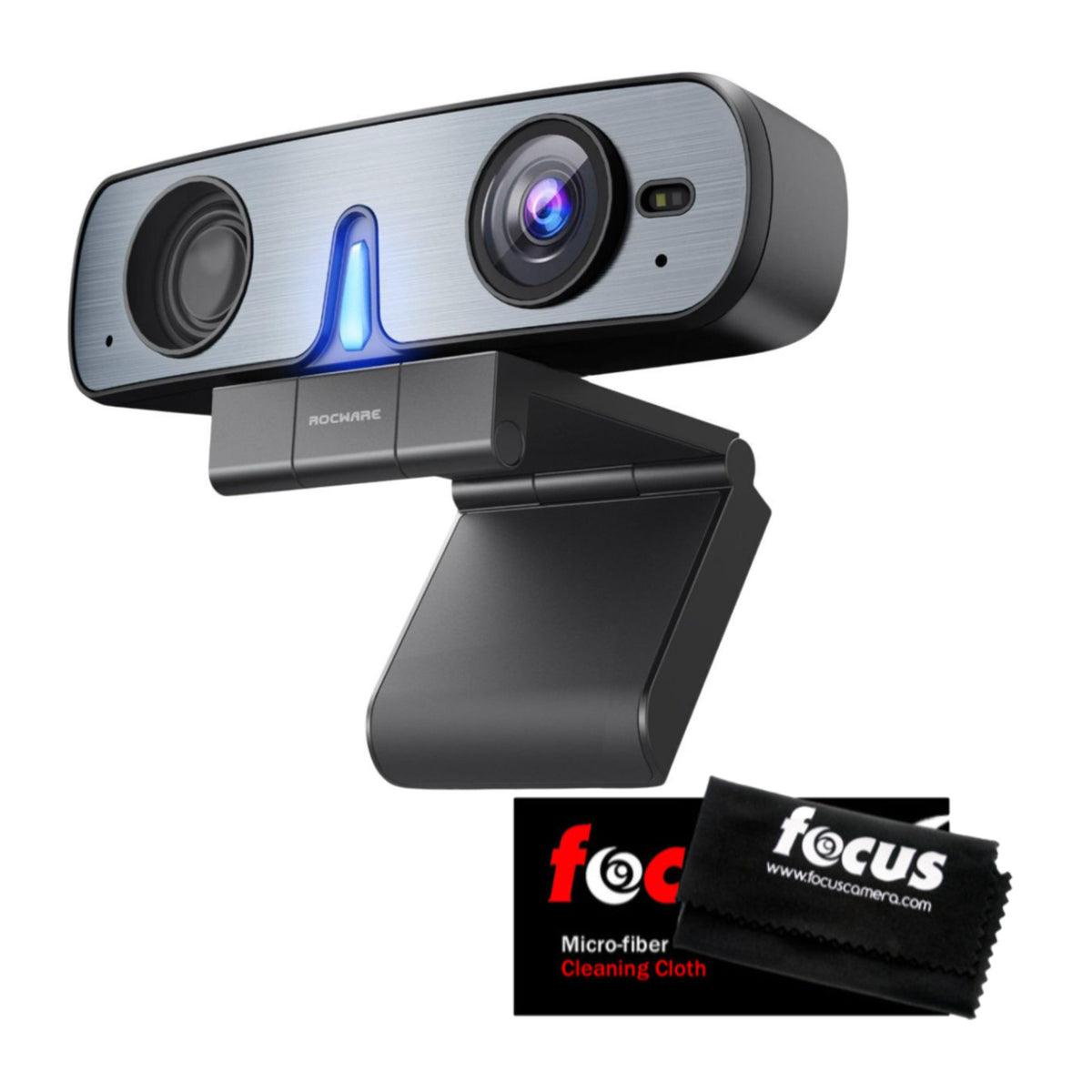 Rocware RC08 1080P HD All-In-One USB Webcam with Focus Microfiber Cleaning Cloth Bundle
