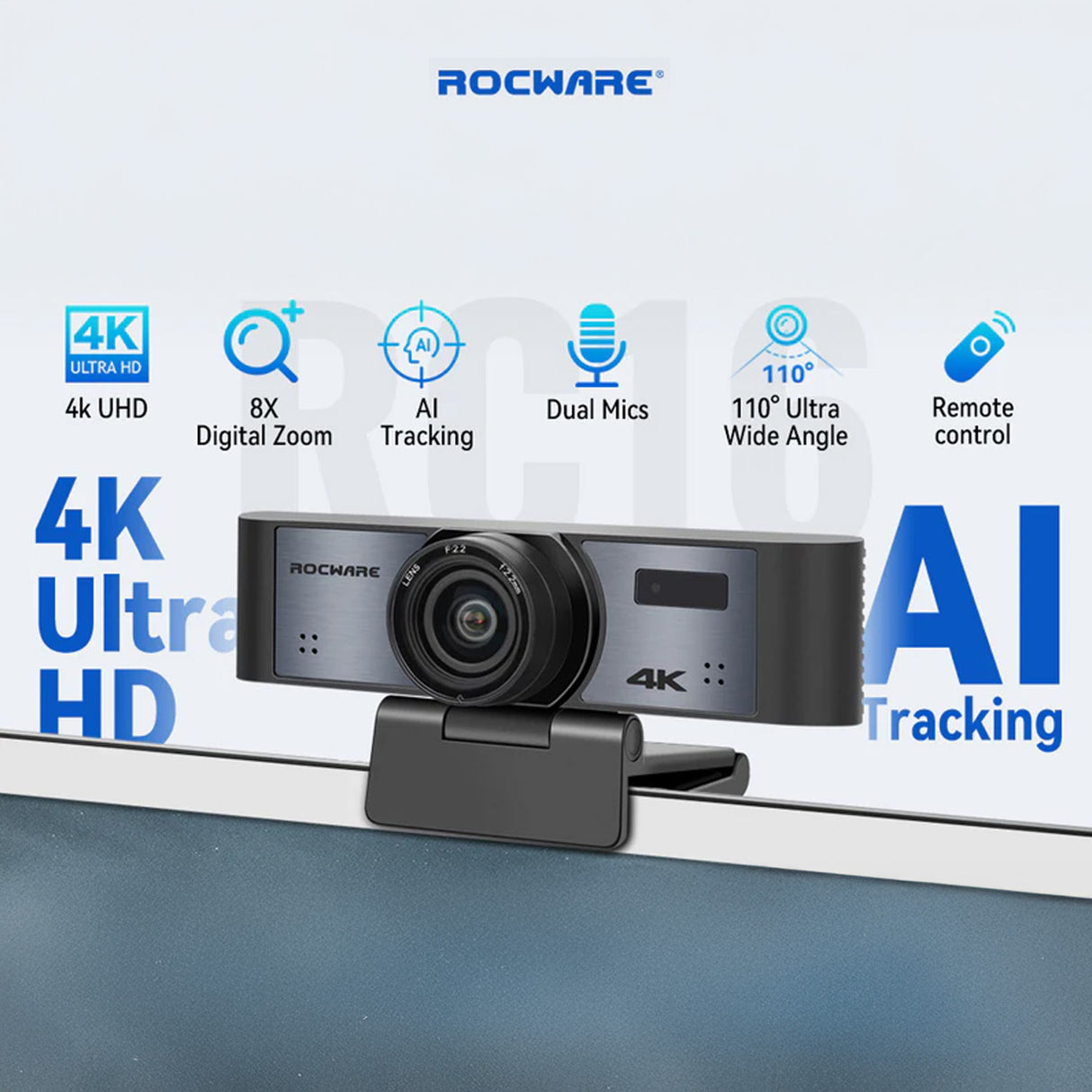 Rocware RC16 4K USB AI Webcam with UHD CMOS Image Sensor and Focus Microfiber Cleaning Cloth Bundle