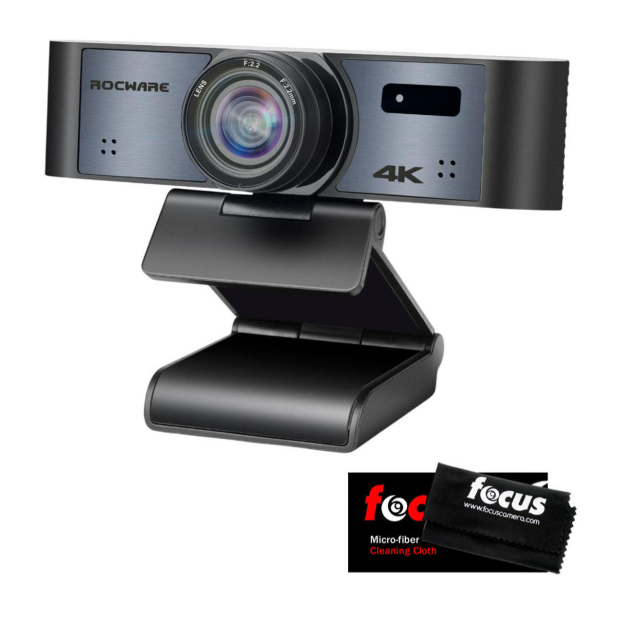 Rocware RC16 4K USB AI Webcam with UHD CMOS Image Sensor and Focus Microfiber Cleaning Cloth Bundle