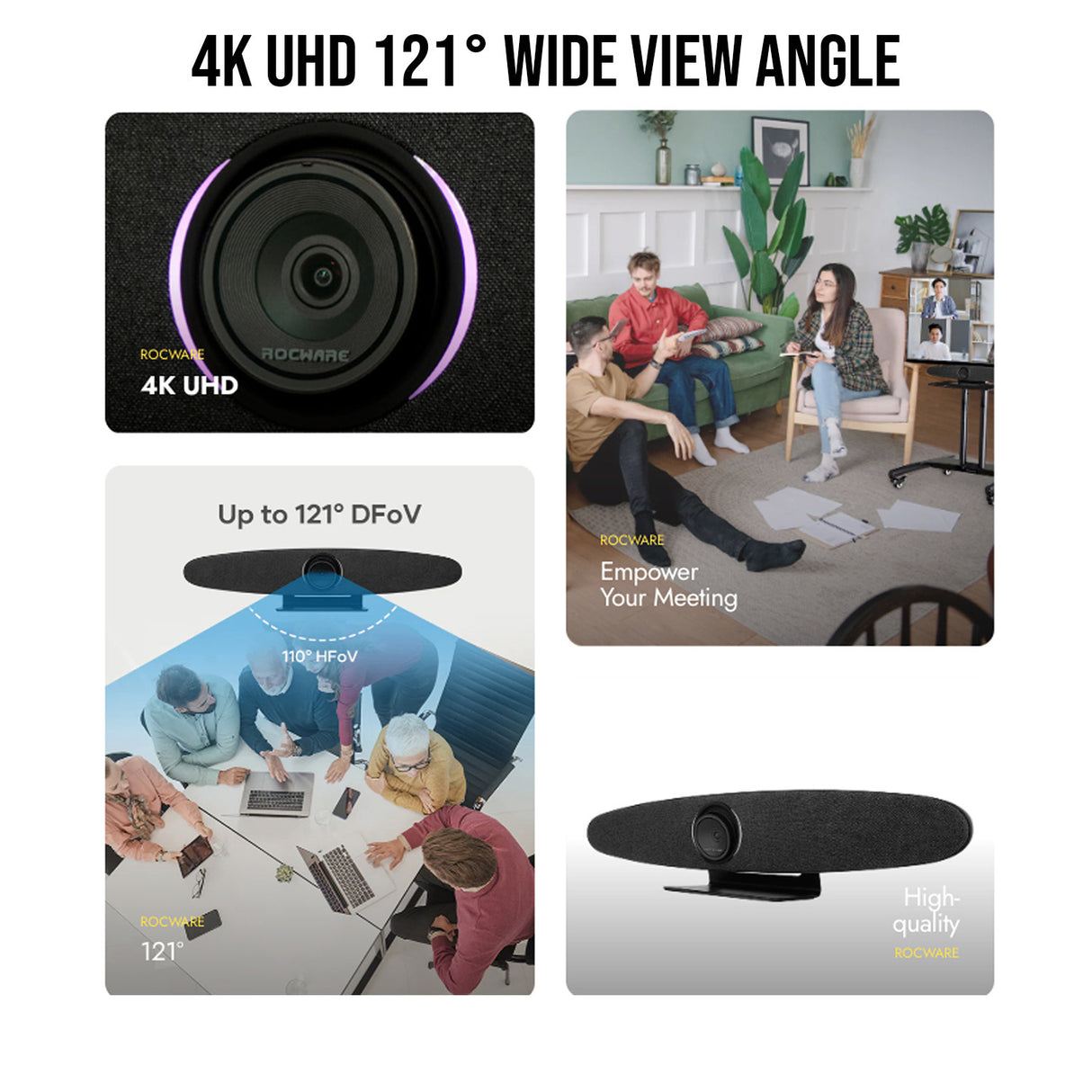 Rocware RC10 4K UHD USB Black Video Bar with 121-Degree Wide FOV and Focus Cleaning Cloth Bundle