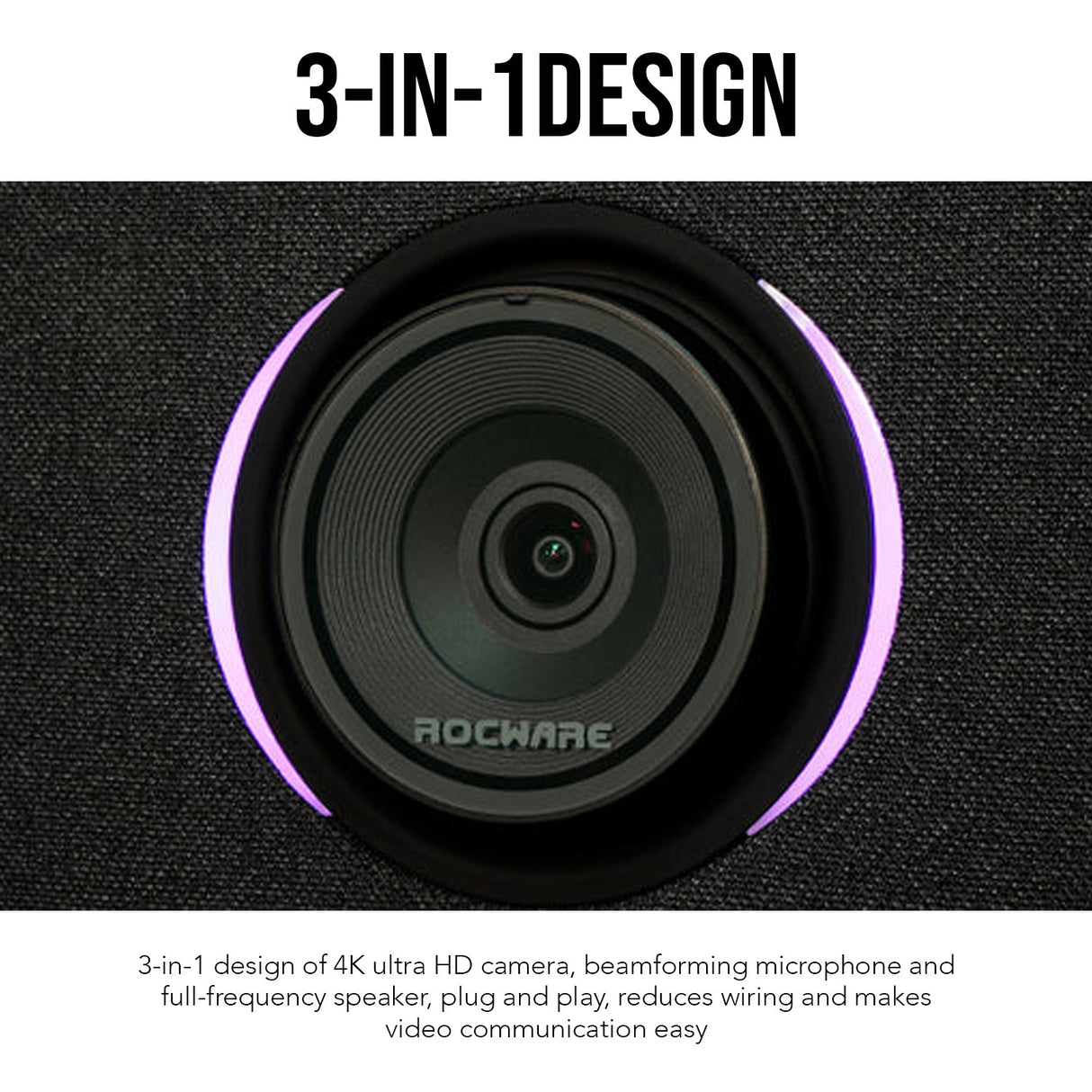 Rocware RC10 4K UHD USB Black Video Bar with 121-Degree Wide FOV and Focus Cleaning Cloth Bundle