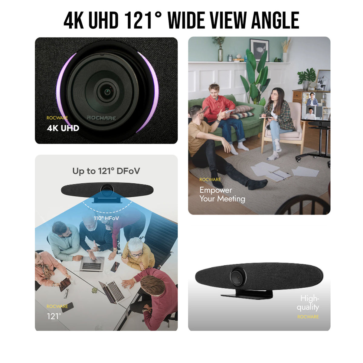 Rocware RC10 4K UHD USB Black Video Bar with 121-Degree Wide Field of View and Rocware Mic Bundle