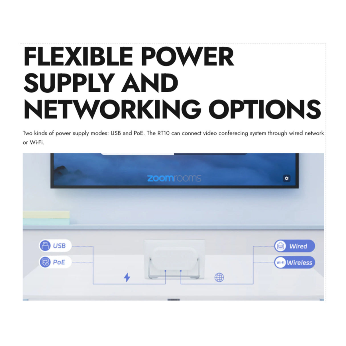 Rocware RC10 4K UHD USB Black Video Bar with 21-Degree Field of View and Terminal Controller Bundle