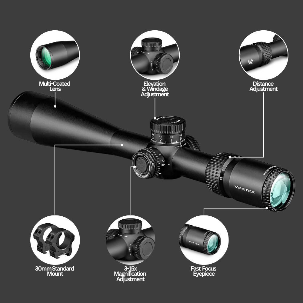 Vortex Viper HD 3-15x44 Dead-Hold Riflescope (BDC MOA Reticle) with 30mm Main Tube Bundle