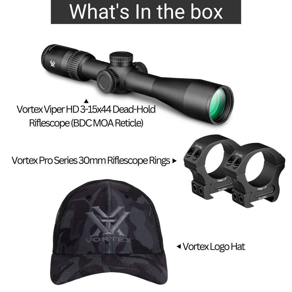 Vortex Viper HD 3-15x44 Dead-Hold Riflescope (BDC MOA Reticle) with 30mm Main Tube Bundle