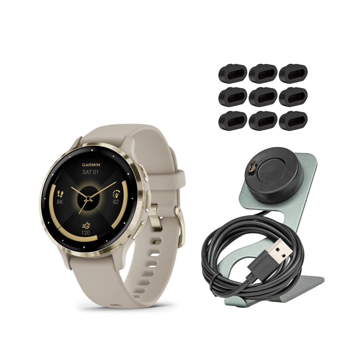 Garmin Venu 3S Soft Gold Stainless Steel Bezel Smartwatch with Ivory Case and Silicone Band Bundle