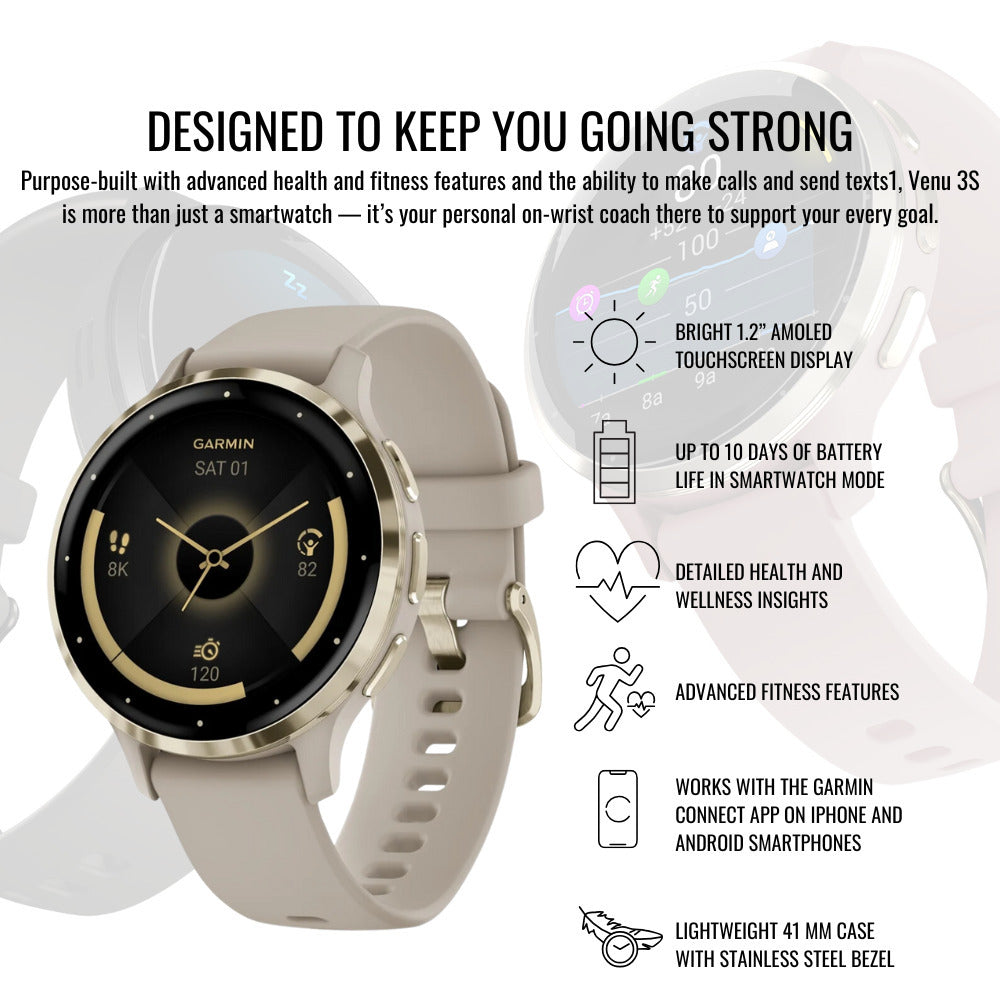 Garmin Venu 3S Soft Gold Stainless Steel Bezel Smartwatch with Ivory Case and Silicone Band Bundle