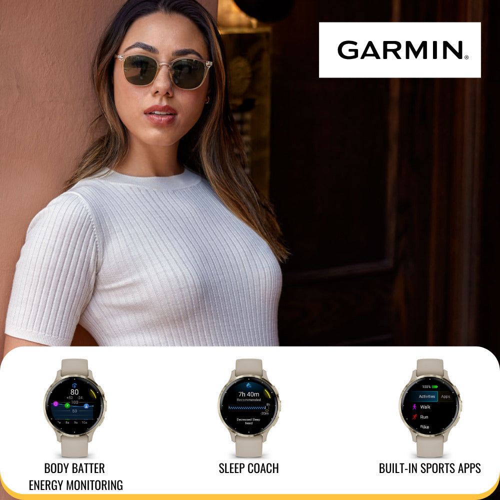 Garmin Venu 3S Soft Gold Stainless Steel Bezel Smartwatch with Ivory Case and Silicone Band Bundle