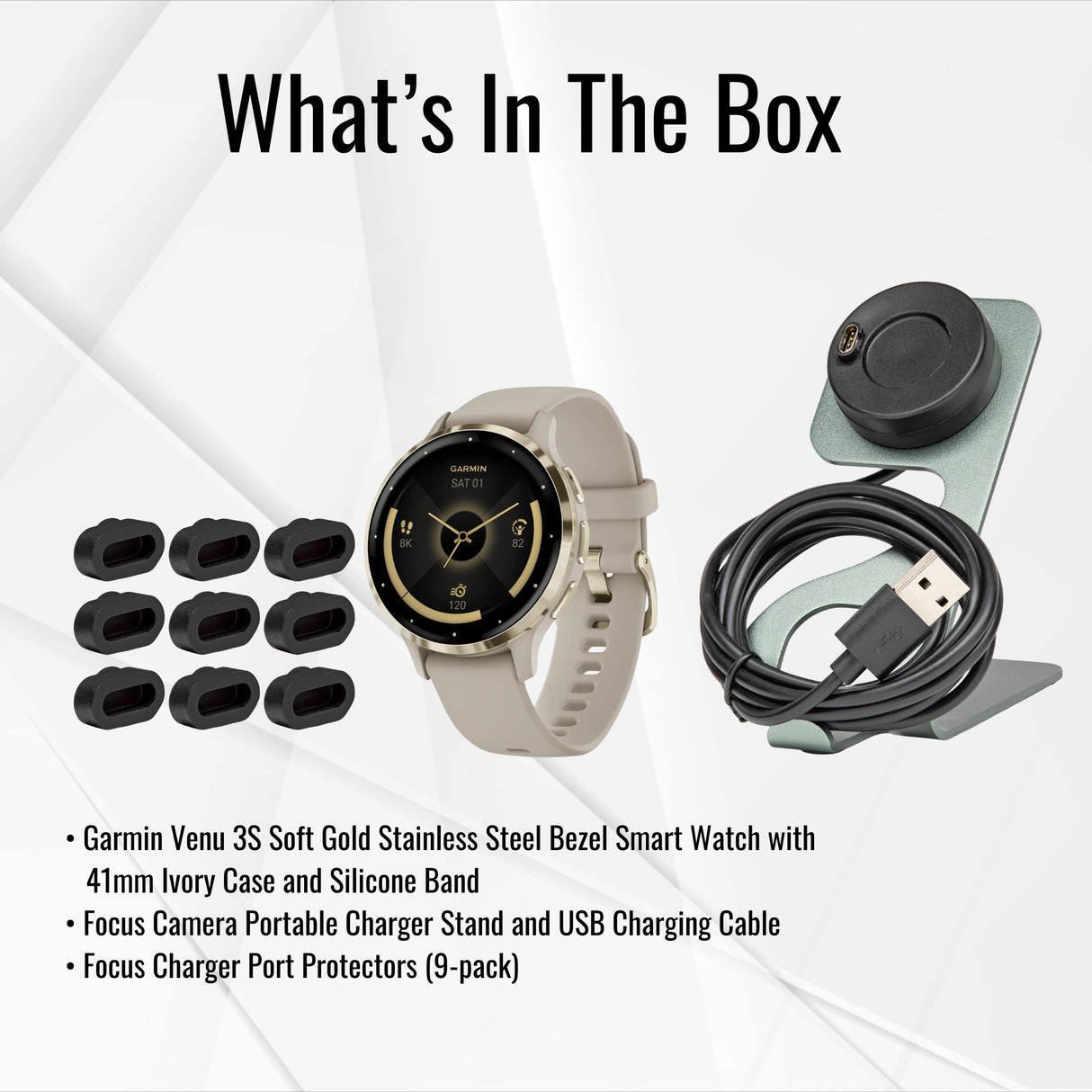 Garmin Venu 3S Soft Gold Stainless Steel Bezel Smartwatch with Ivory Case and Silicone Band Bundle