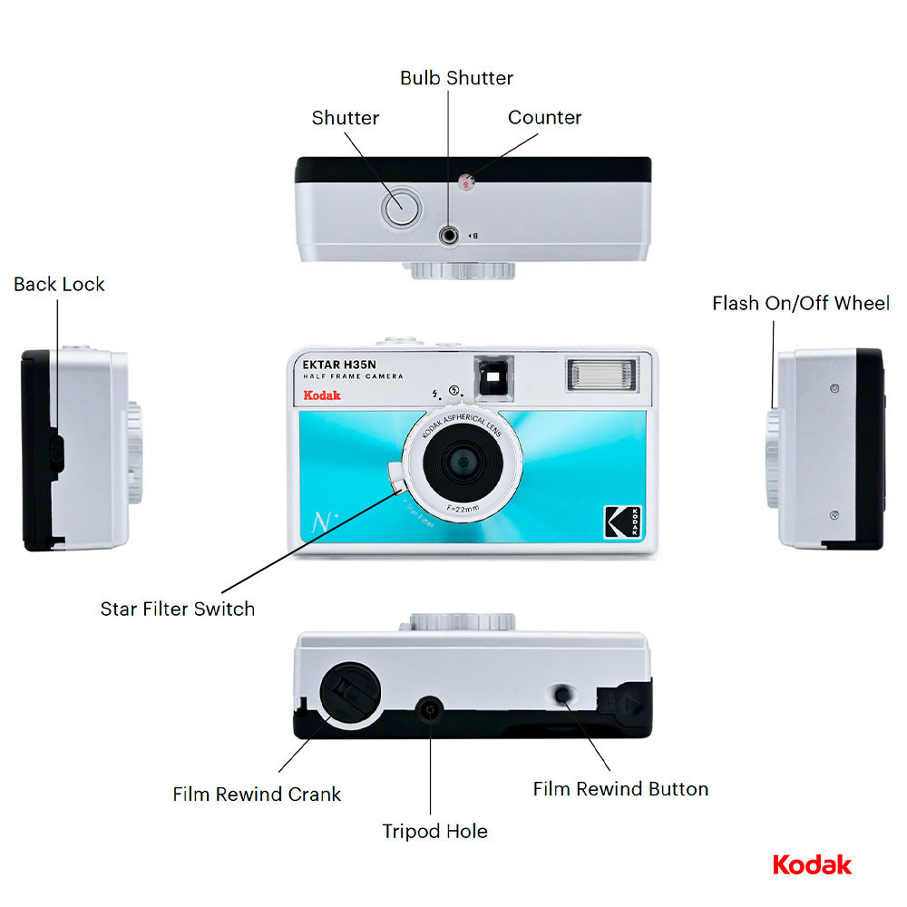 Kodak Ektar H35N 35mm Half Frame Film Camera (Glazed Blue) with 35mm Roll Film Bundle