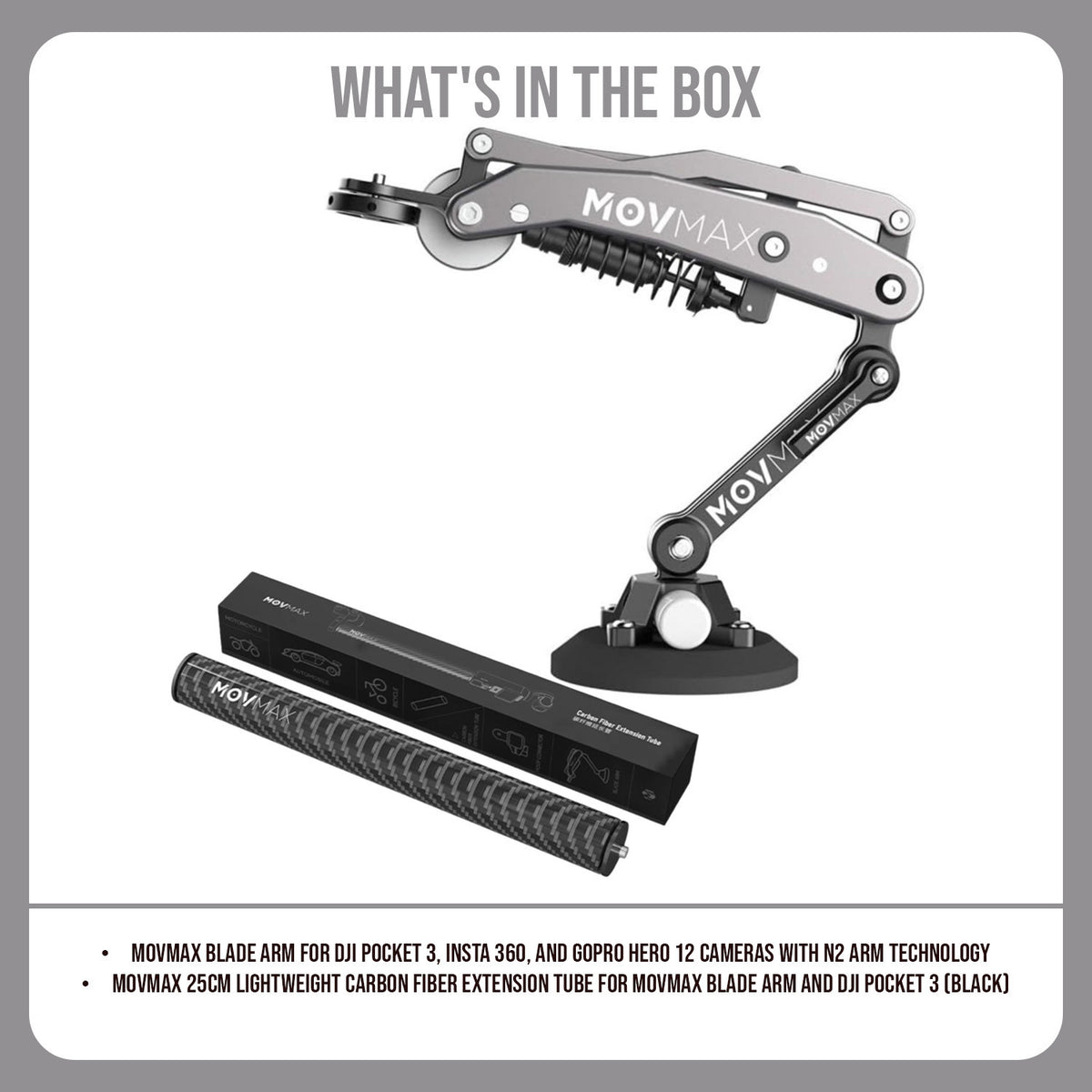 Movmax Blade Arm for DJI Pocket 3, Insta 360, and GoPro Cameras and Movmax Extension Tube Bundle