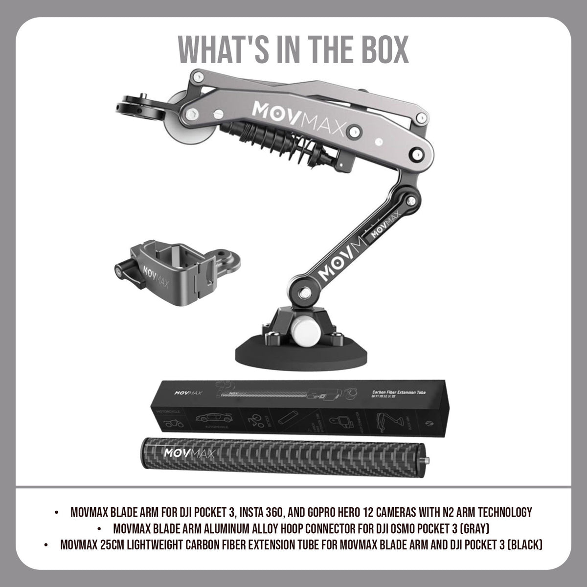 Movmax Blade Arm for DJI Pocket 3, Insta 360, and GoPro HERO 12 Cameras and Hoop Connector Bundle