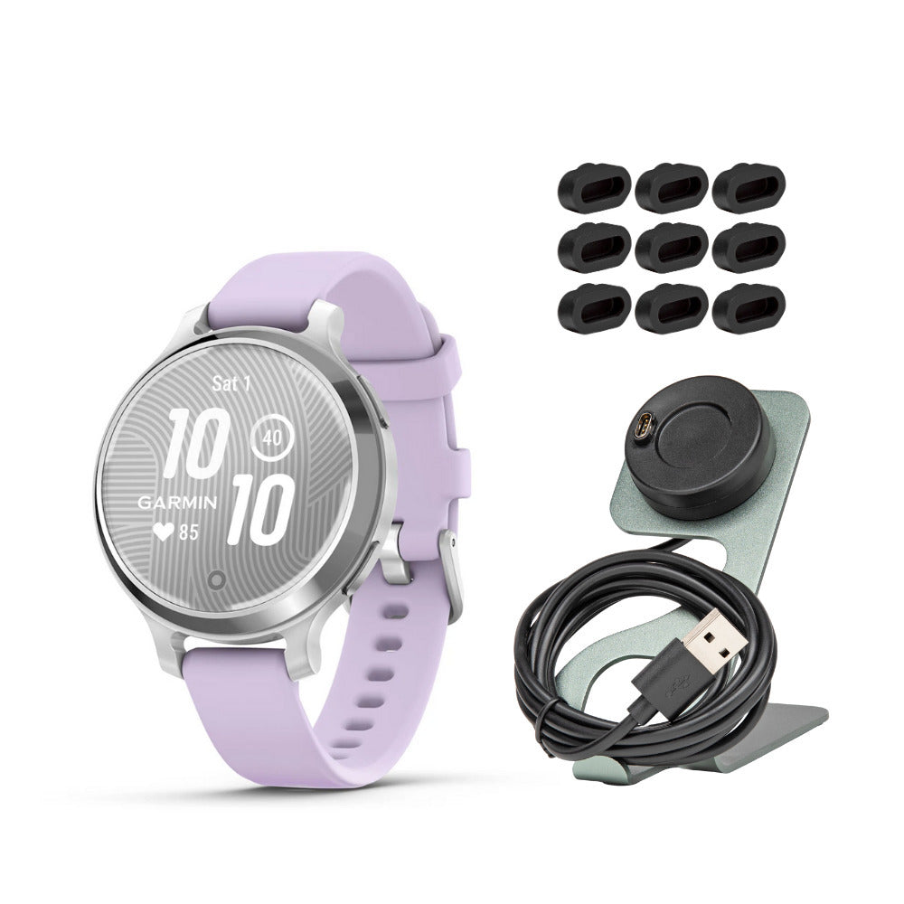 Garmin Lily 2 Active GPS Smartwatch (Silver and Purple Jasmine) with Charger Stand Bundle