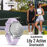 Garmin Lily 2 Active GPS Smartwatch (Silver and Purple Jasmine) with Charger Stand Bundle