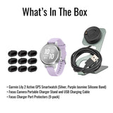 Garmin Lily 2 Active GPS Smartwatch (Silver and Purple Jasmine) with Charger Stand Bundle