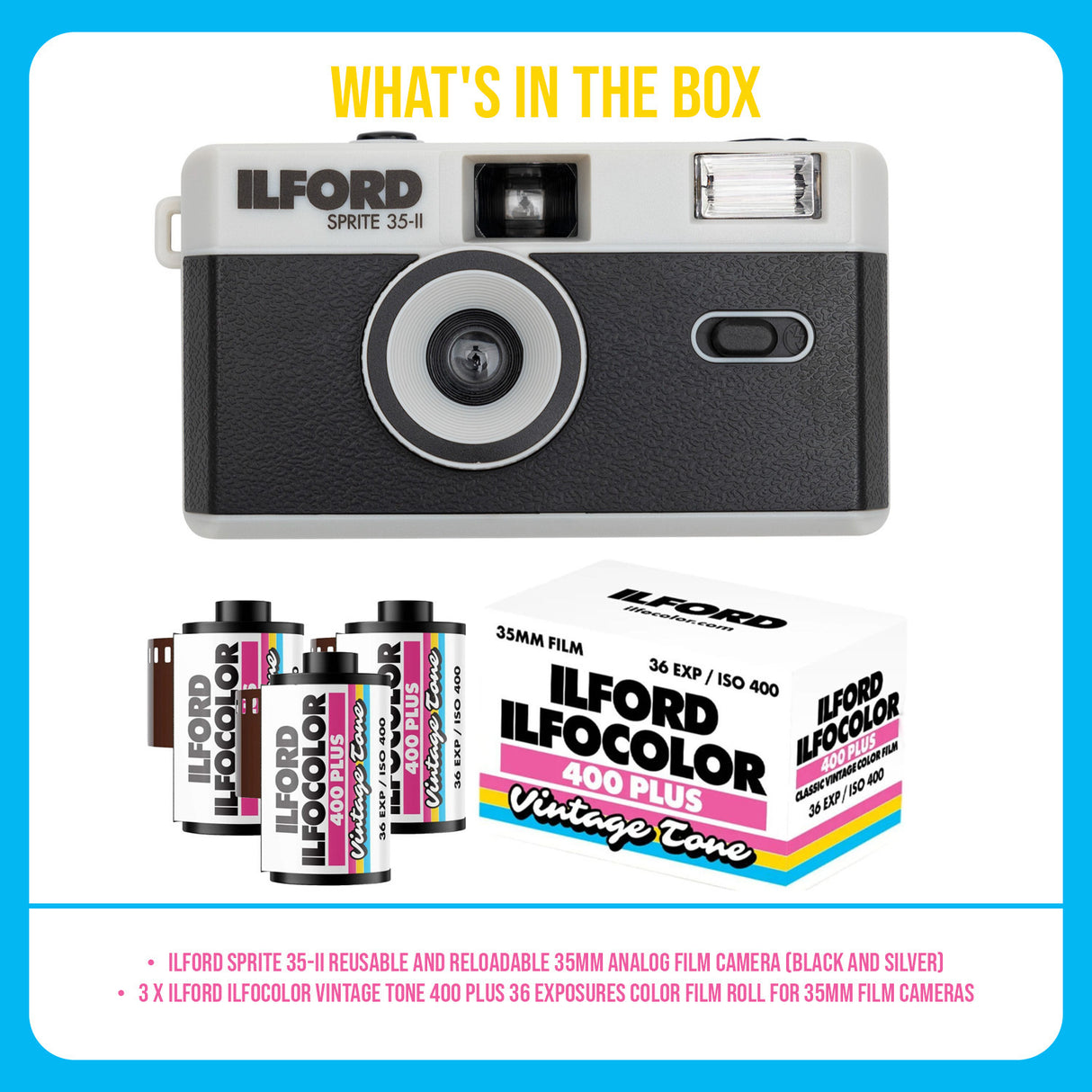 Ilford Sprite 35-II Reloadable 35mm Analog Film Camera and Ilford Film Roll (3-Pack) Bundle