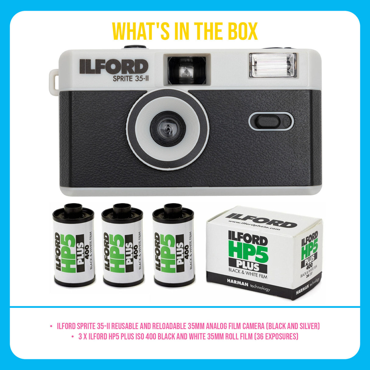 Ilford Sprite 35-II Reloadable 35mm Analog Film Camera and Ilford Film Roll (3-Pack) Bundle