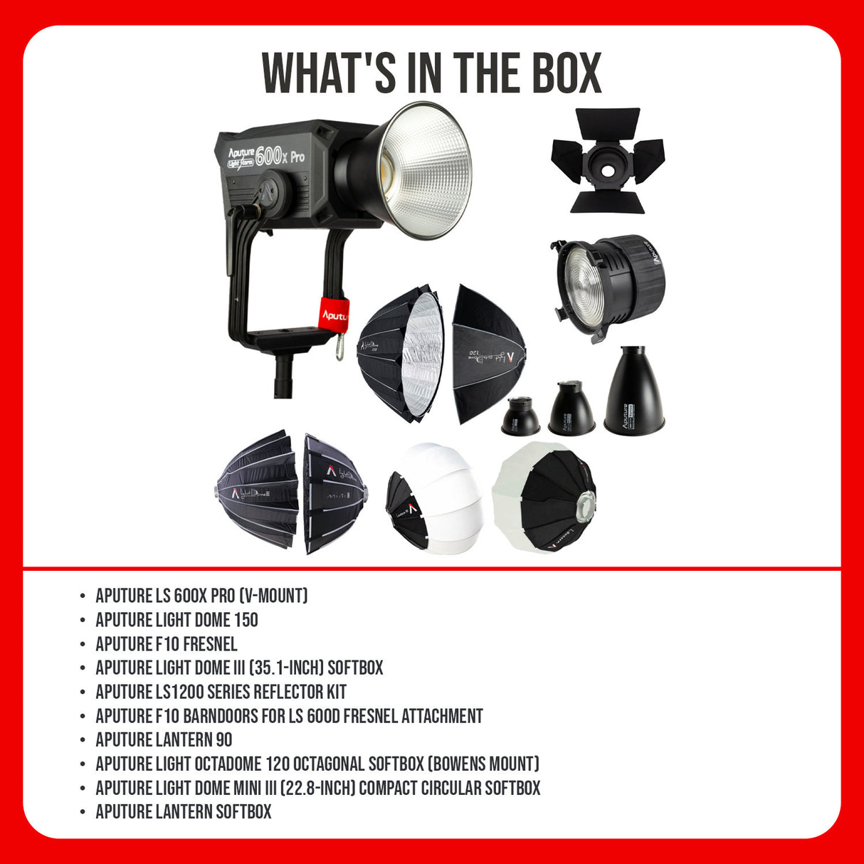 Aputure LS 600X Pro (V-Mount), Light Dome 150, F10 Fresnel, and Softboxes Bundle
