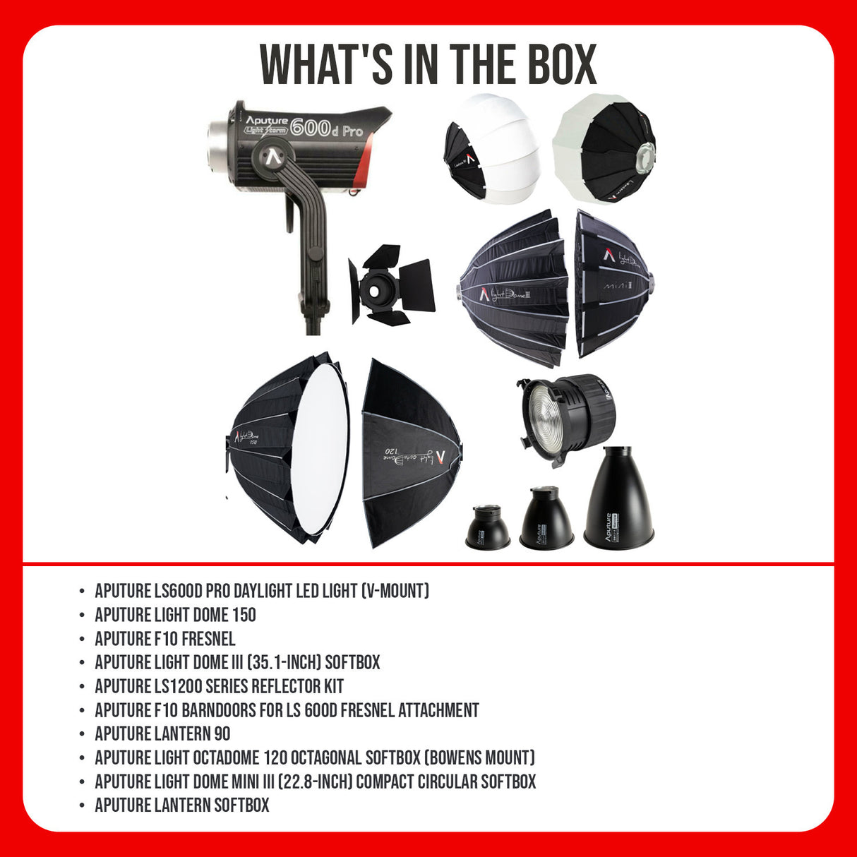 Aputure LS600D PRO Daylight LED Light (V-Mount), Light Dome 150, F10 Fresnel, and Softboxes Bundle