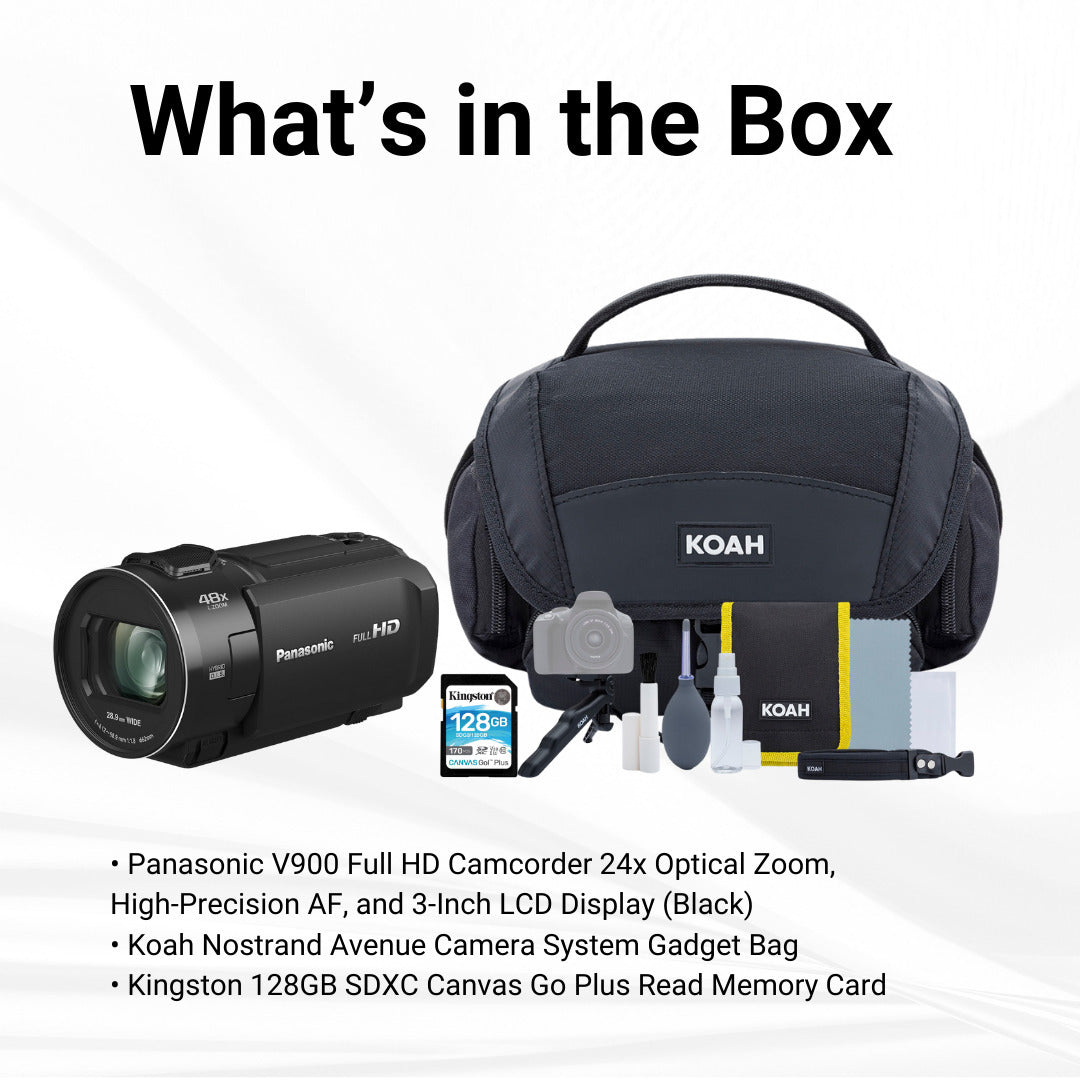 Panasonic V900 Full HD Camcorder 24x Optical Zoom (Black) with 128GB SDXC Memory Card Bundle