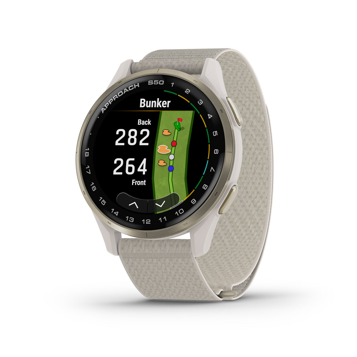 Garmin Approach S50 GPS Golf Smartwatch (Cream Gold Aluminum Bezel, Ivory ComfortFit Nylon Band)
