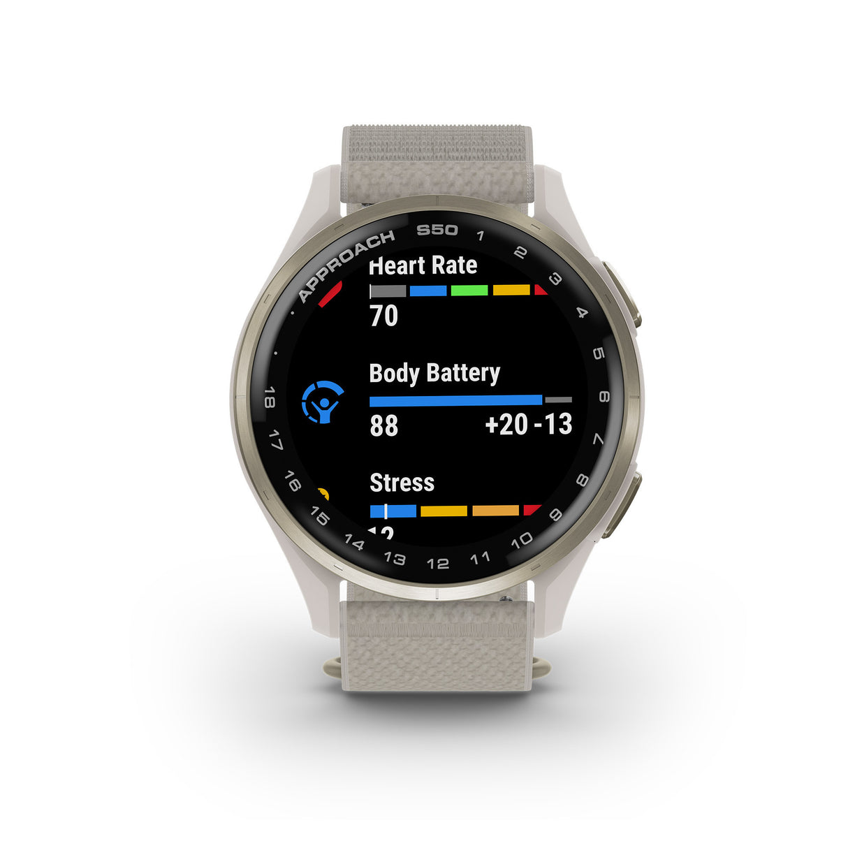 Garmin Approach S50 GPS Golf Smartwatch (Cream Gold Aluminum Bezel, Ivory ComfortFit Nylon Band)