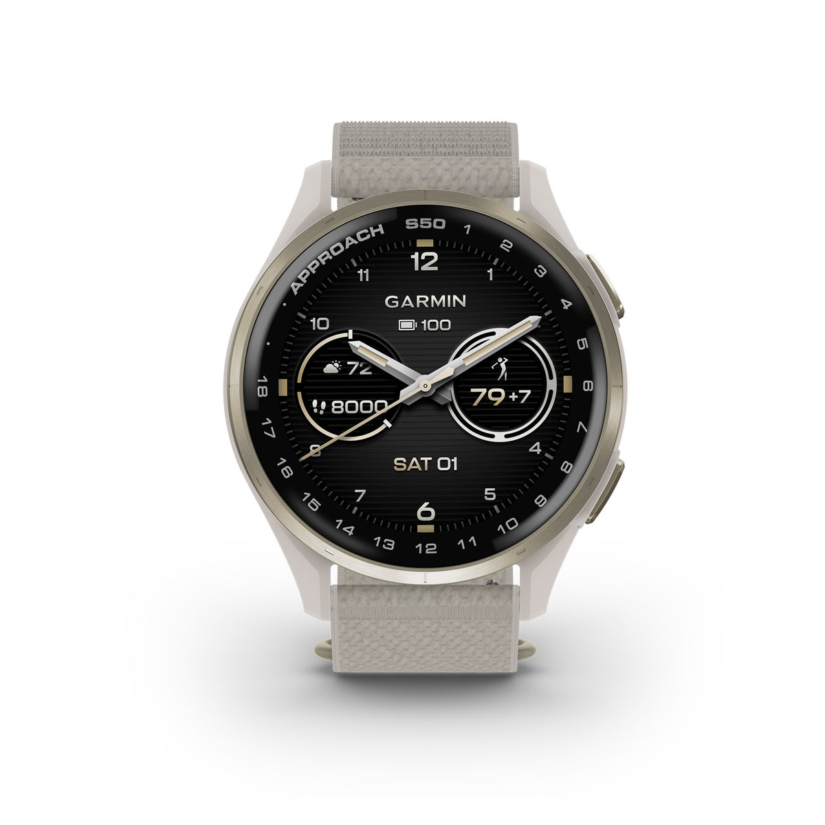 Garmin Approach S50 GPS Golf Smartwatch (Cream Gold Aluminum Bezel, Ivory ComfortFit Nylon Band)