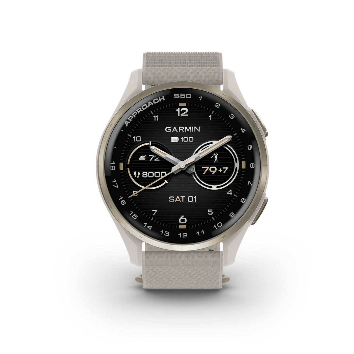 Garmin Approach S50 GPS Golf Smartwatch (Cream Gold Aluminum Bezel, Ivory ComfortFit Nylon Band)