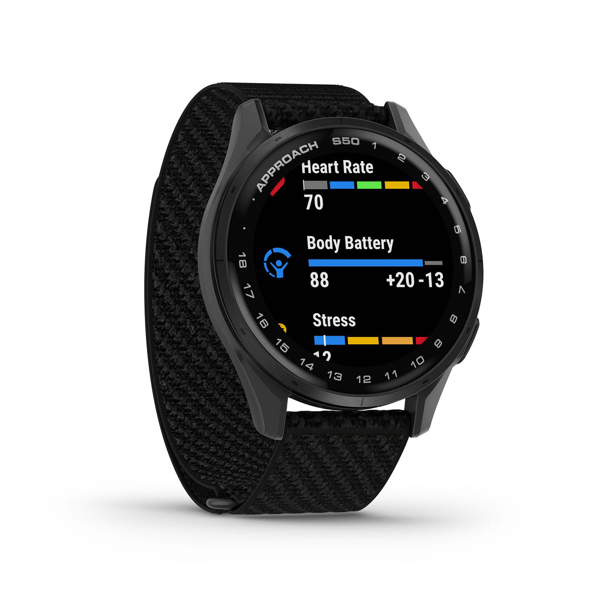 Garmin Approach S50 GPS AMOLED Golf Smartwatch (Slate Aluminum Bezel, Black ComfortFit Nylon Band)