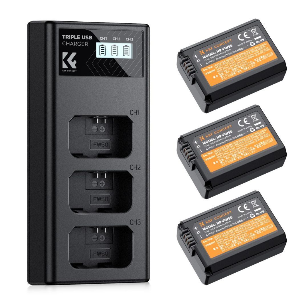 K&F Concept 1100mAh NP FW50 Replacement Batteries 3-Pack with 3-Slot LCD Charger for Sony Cameras