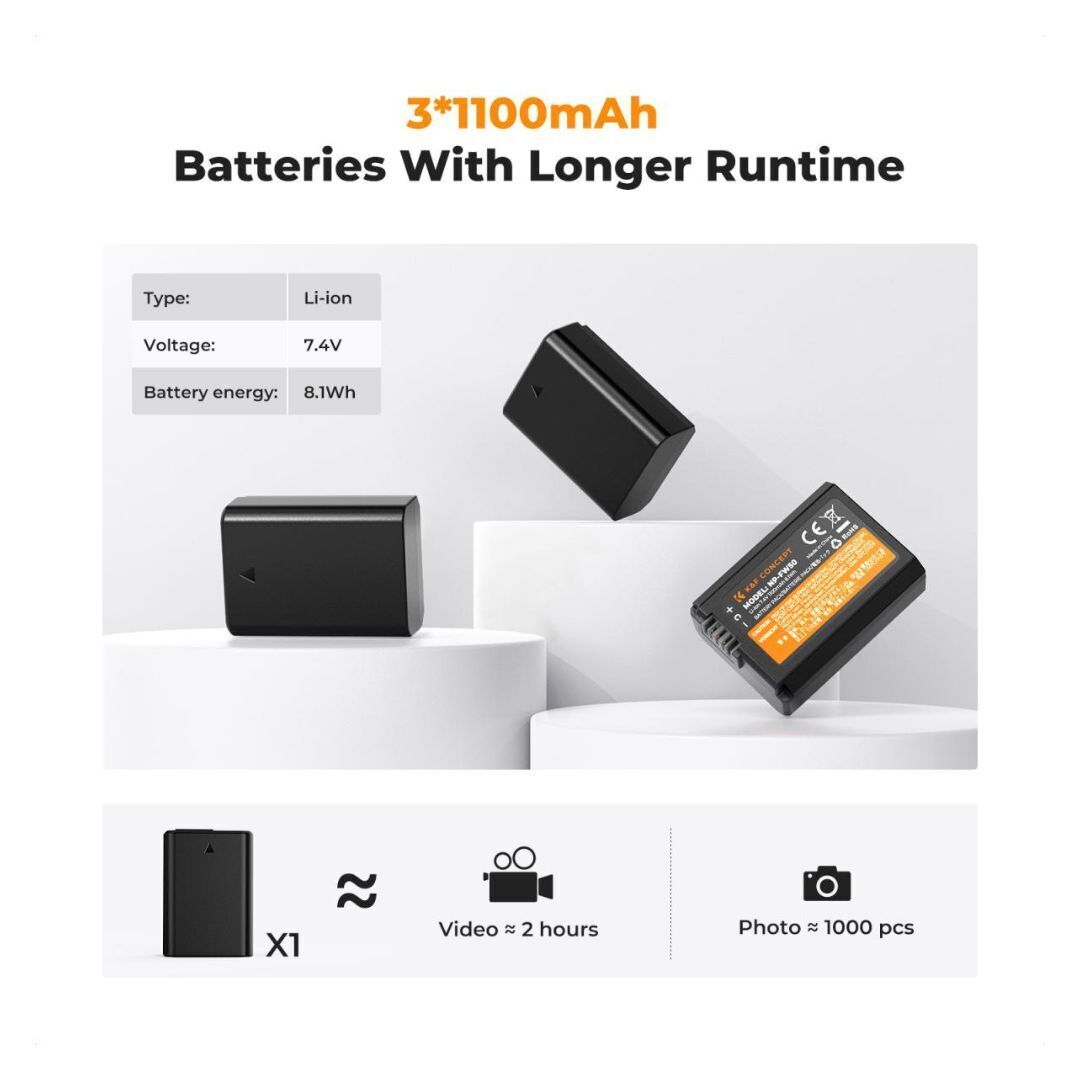 K&F Concept 1100mAh NP FW50 Replacement Batteries 3-Pack with 3-Slot LCD Charger for Sony Cameras