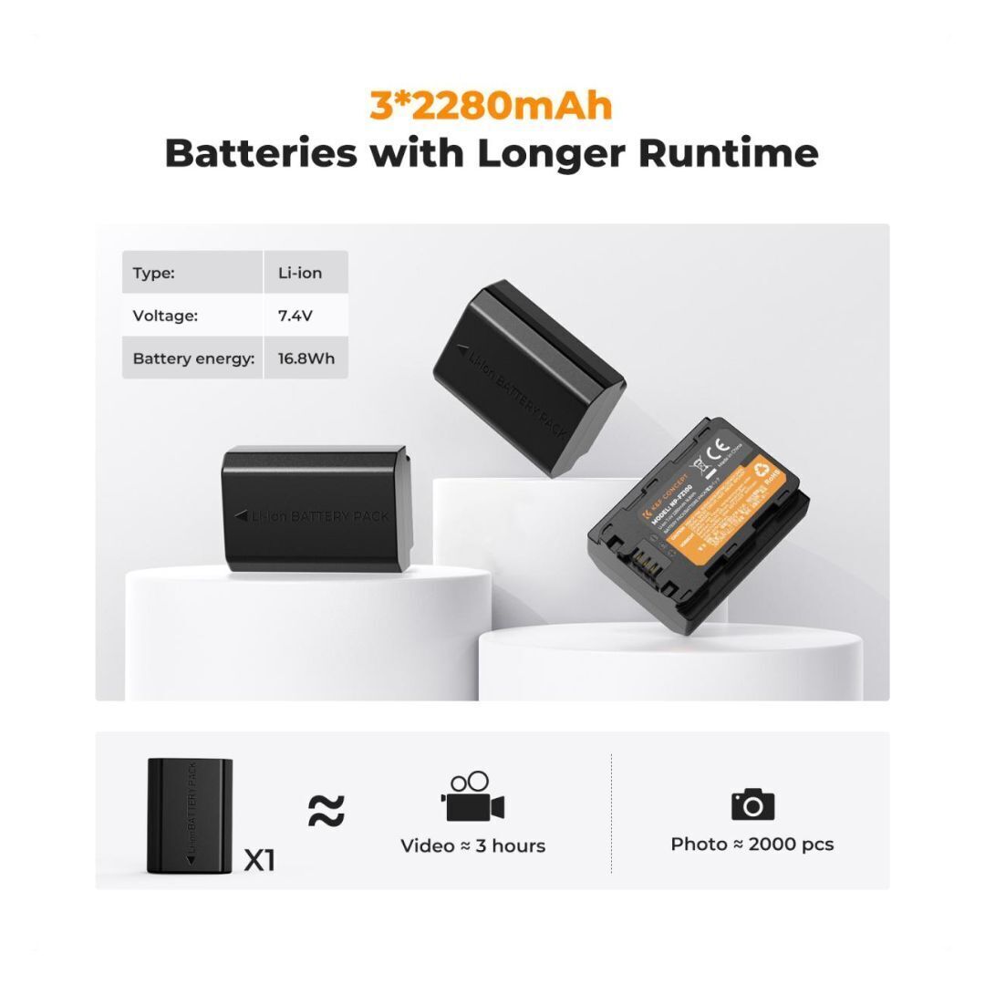 K&F Concept 1100mAh NP-FZ100 Battery (3-Pack) and Three Slot Charger (Open Box)