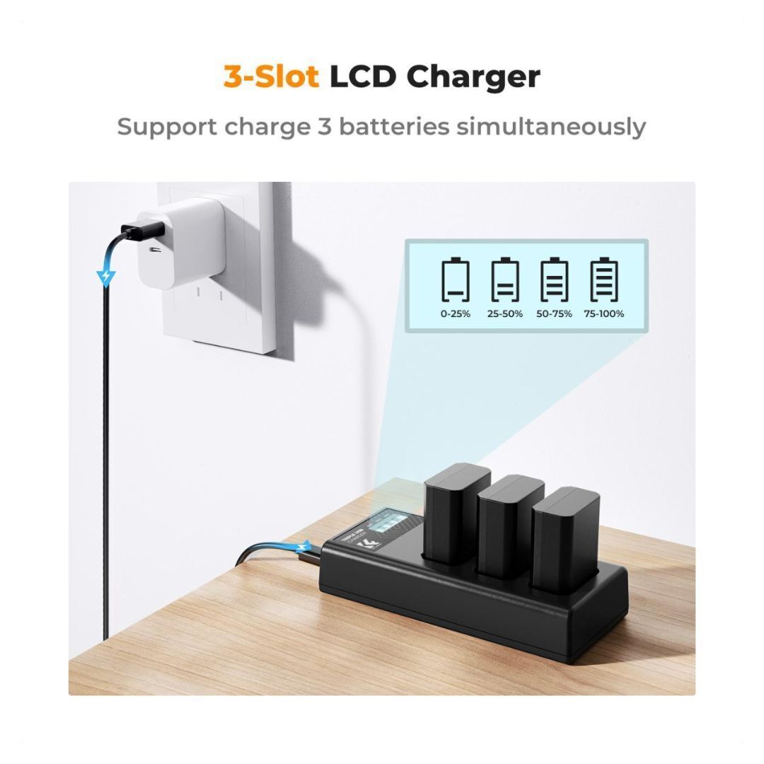 K&F Concept 2280mAh NP-FZ100 Li-Ion Replacement Battery 3-Pack and Three Slot LCD Charger for Sony