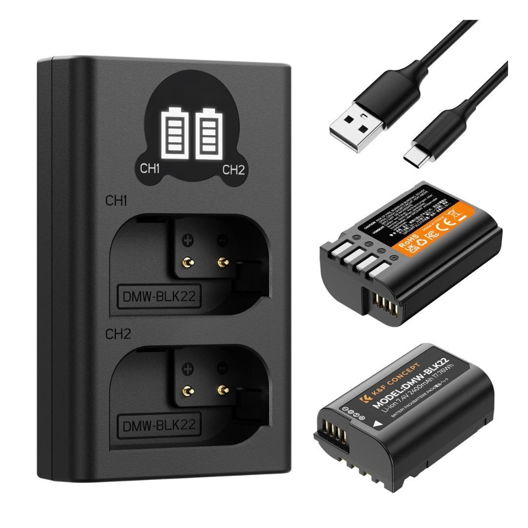 K&F Concept DMW-BLK22 2400mAh Battery 2-Pack with Dual Slot LCD Charger for Panasonic Lumix DC-S5II