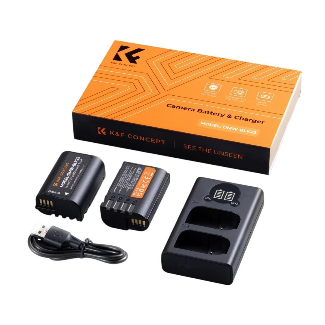 K&F Concept DMW-BLK22 2400mAh Battery 2-Pack with Dual Slot LCD Charger for Panasonic Lumix DC-S5II