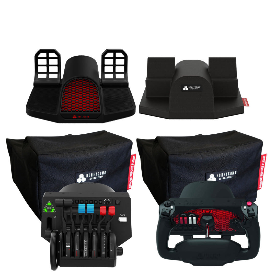 Honeycomb Aeronautical Charlie Rudder Pedals with Bravo Throttle, Alpha Yoke, and Dust Covers Bundle