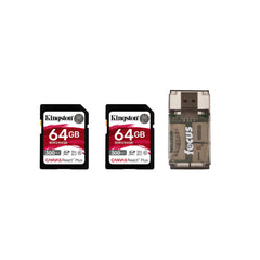Kingston Canvas React Plus 64GB U3 V90 SD Card (2-Pack) and Focus All-In-One Card Reader Bundle