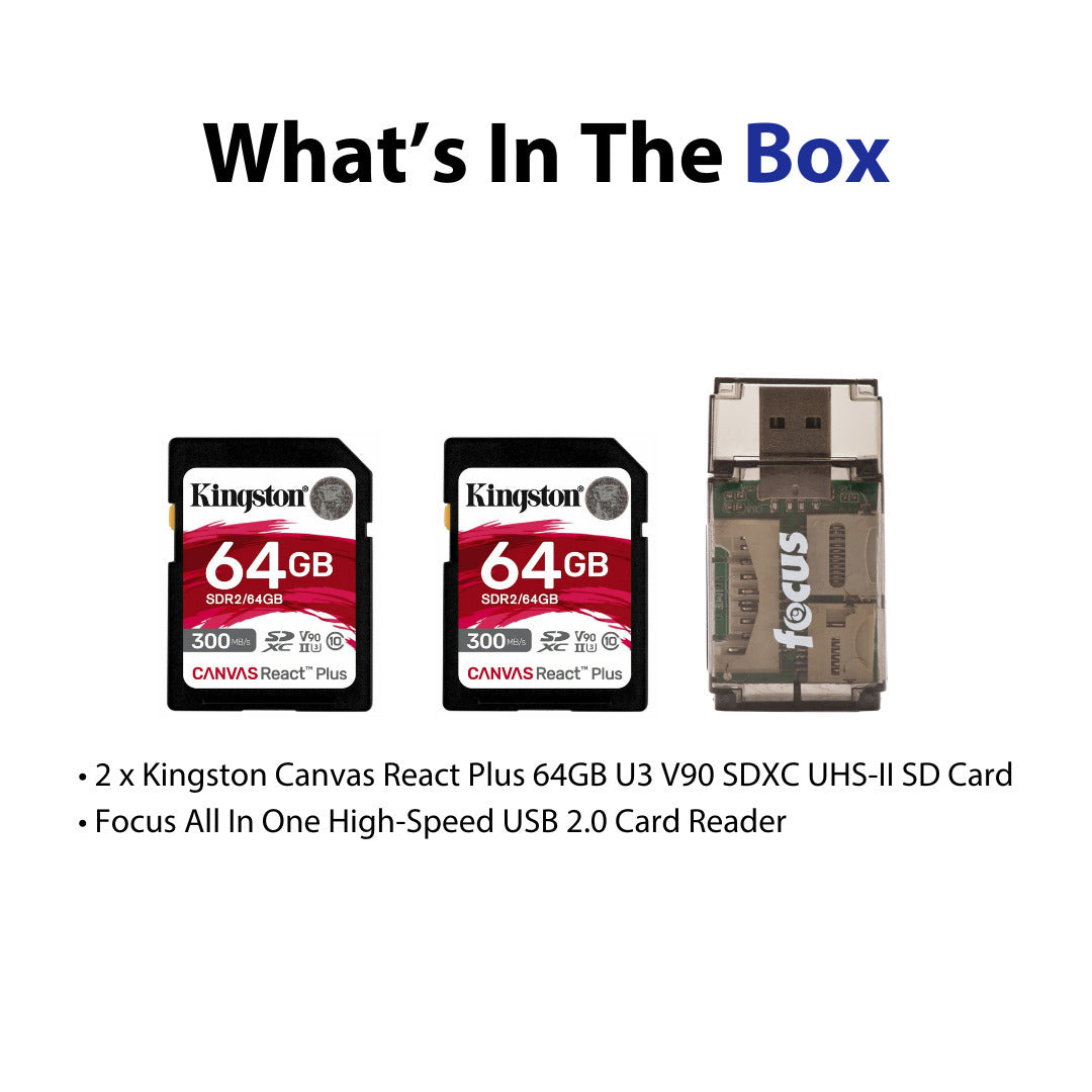 Kingston Canvas React Plus 64GB U3 V90 SD Card (2-Pack) and Focus All-In-One Card Reader Bundle