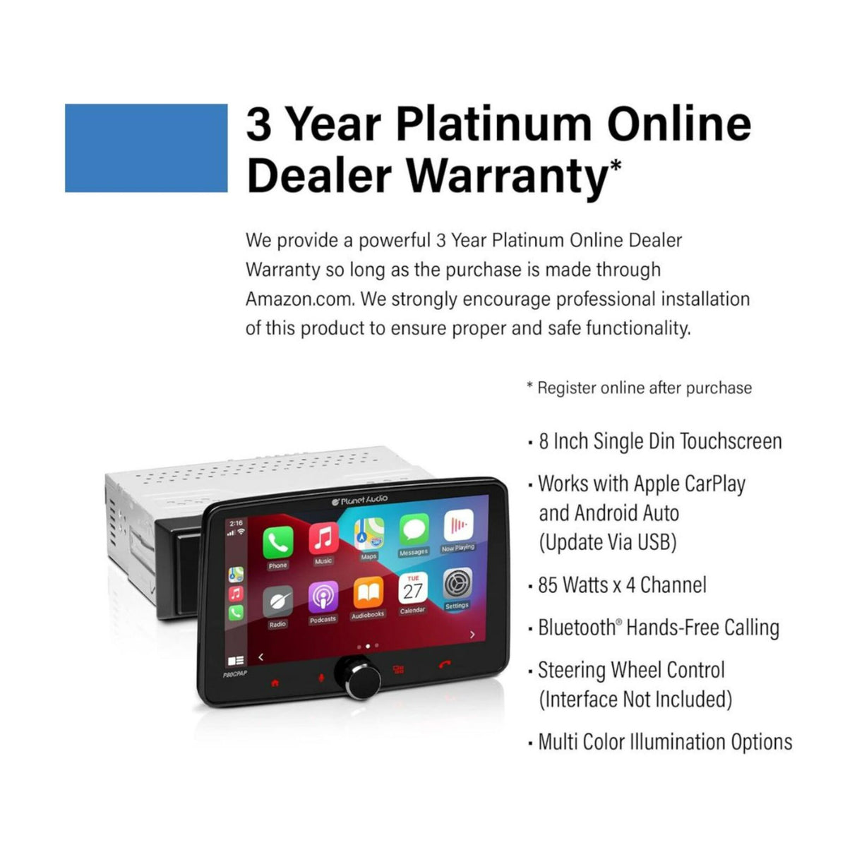 Planet Audio P80CPAP Single-DIN Mech-Less Car Stereo System with 8-Inch Touchscreen and Android Auto