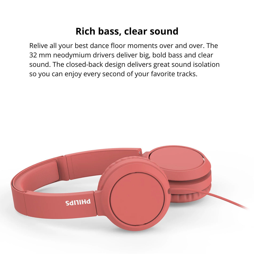 Philips 3000 Series TAH4105RD00 On-Ear Closed-Back Headphones with 32mm Drivers (Red) Bundle