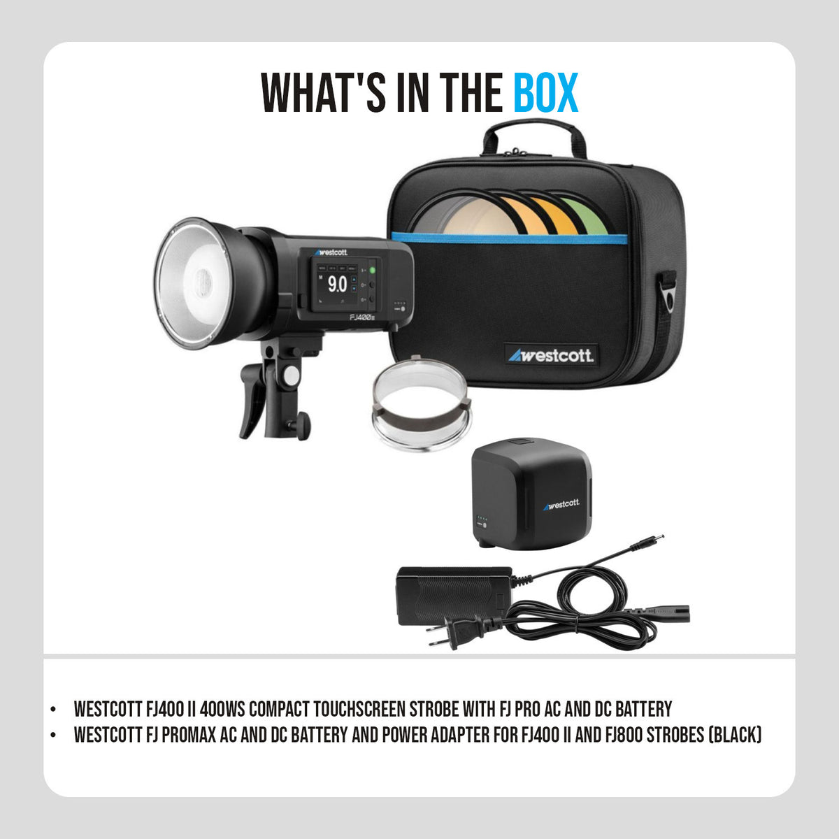 Westcott FJ400 II 400Ws Touchscreen Strobe with FJ ProMax AC and DC Battery and Adapter Bundle