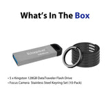 Kingston 128GB DataTraveler Kyson USB 3.2 Flash Drive (5-Pack) and Focus Camera Keyrings Bundle