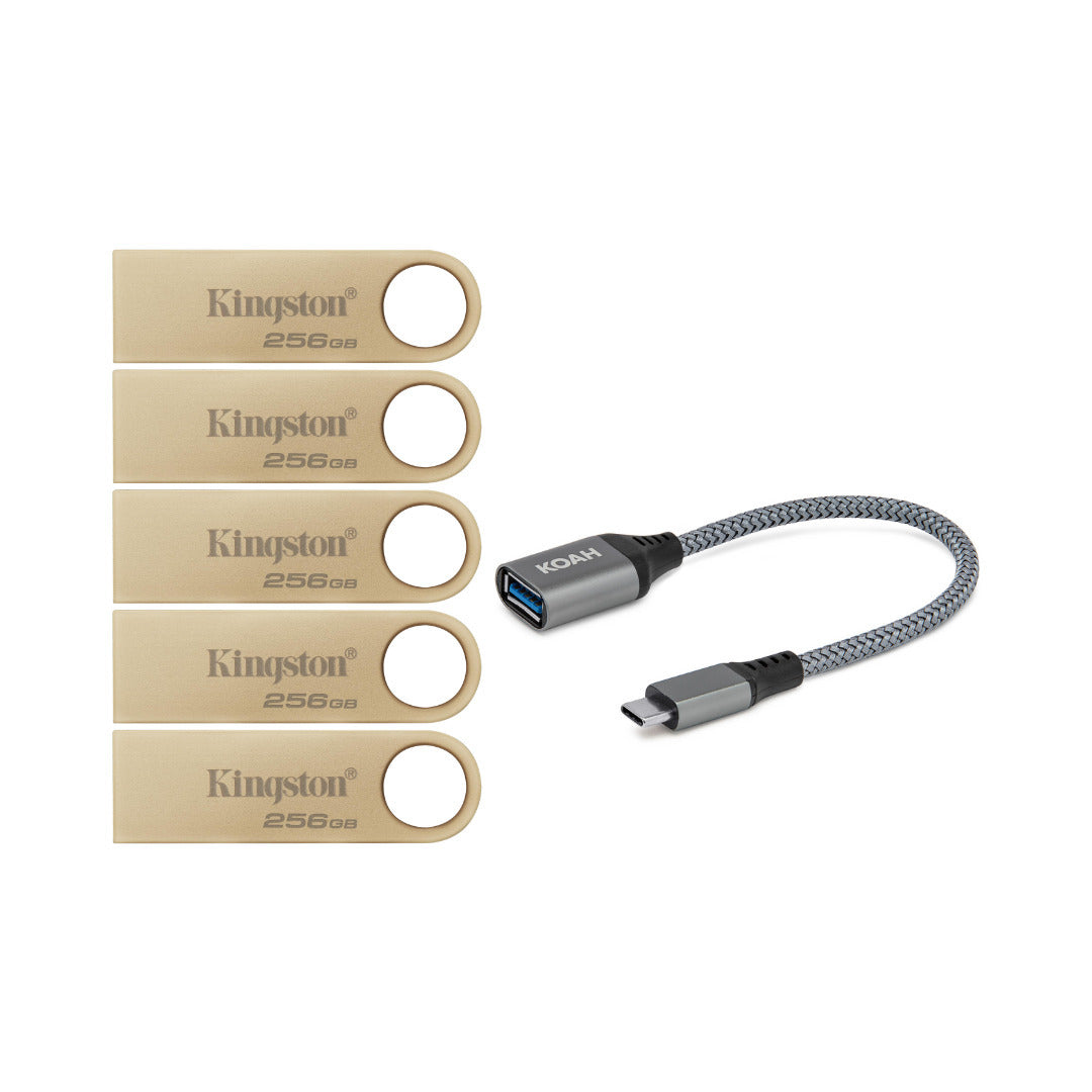 Kingston DataTraveler SE9 G3 USB 3.2 Gen 1 Flash Drive (256GB, 5-Pack) and Adapter Bundle