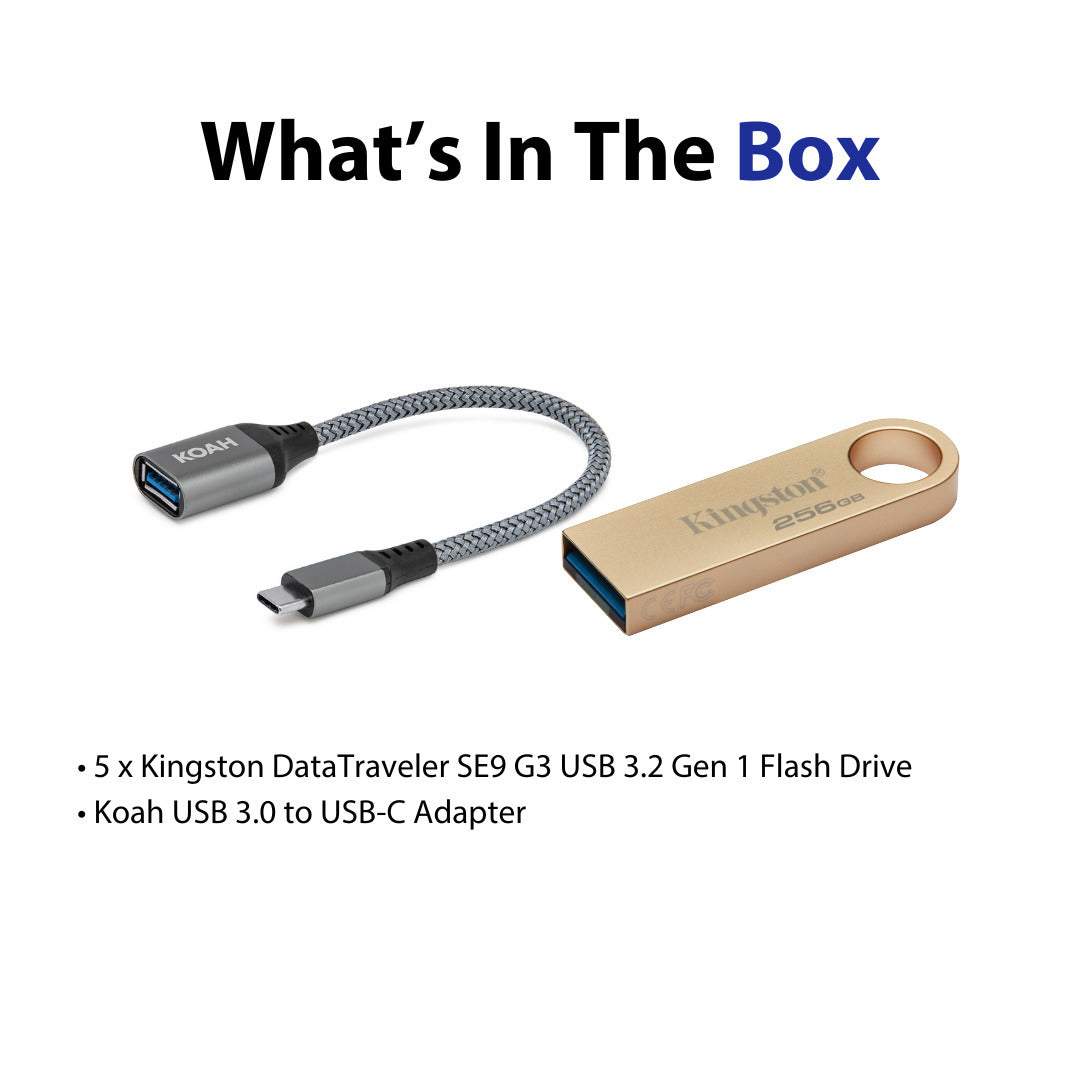Kingston DataTraveler SE9 G3 USB 3.2 Gen 1 Flash Drive (256GB, 5-Pack) and Adapter Bundle