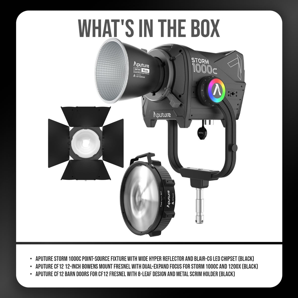 Aputure Storm 1000c Point-Source Fixture with Wide Hyper Reflector (Black) with CF12 Fresnel Bundle